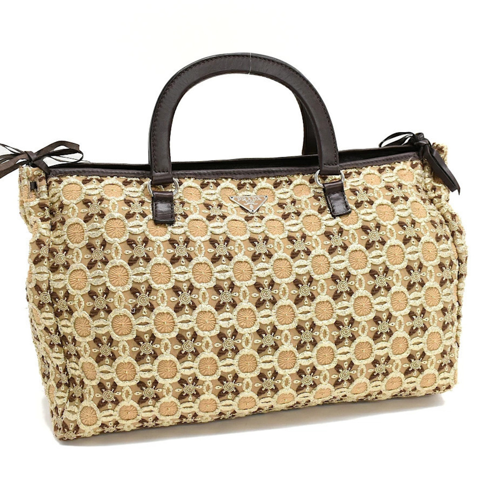 Prada Bow Cloquet Handbag Embroidered Leather Beige Cream Brown